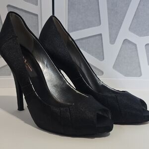MIA Black Satin Peep-Toe Stiletto Heels